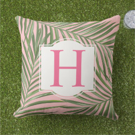 Tropische Palm-Blätter Rosa Monogramm Kissen