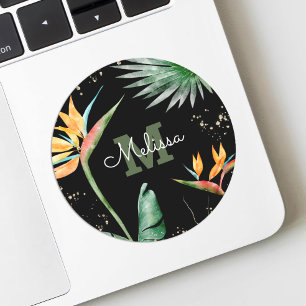 Tropische Palm Monogramm Schrift Gold Glitter Schw Runder Aufkleber