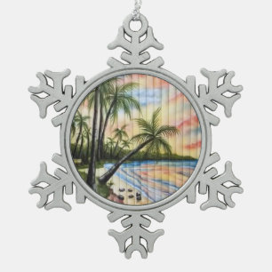 TROPISCHE PALMBÄUME STRANDSTRÄNDE SCHNEEFLOCKEN Zinn-Ornament