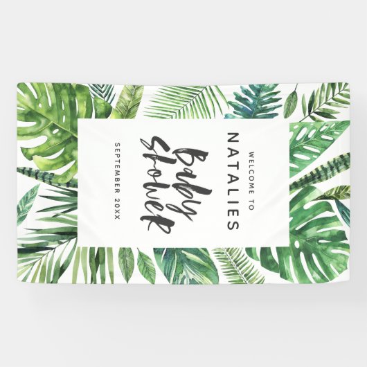 Tropische Palmblatt- u. Skript-Babyparty Banner (Horizontal)