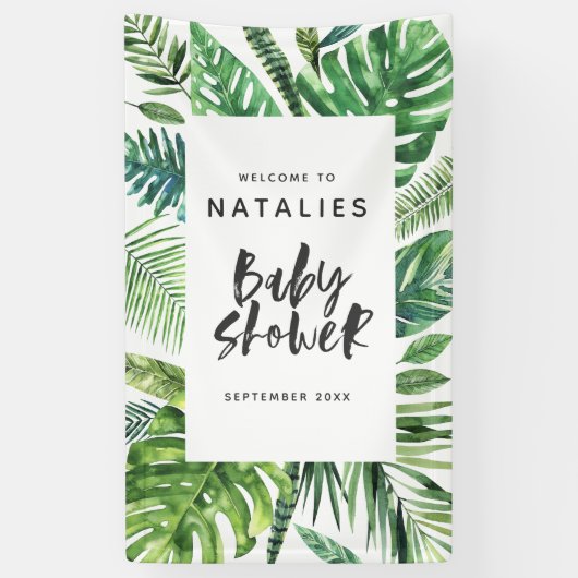 Tropische Palmblatt- u. Skript-Babyparty Banner (Vertikal)