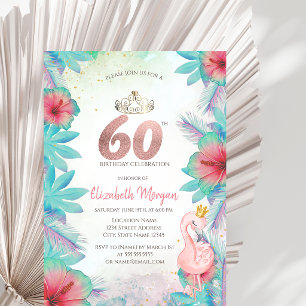 Tropische Palmblätter Hibiskus Rosa Flamingo 60. Einladung