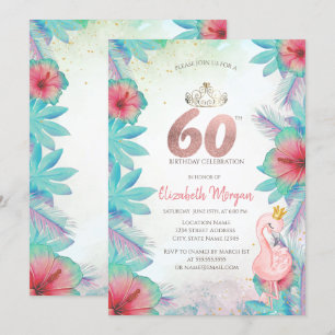 Tropische Palmblätter Hibiskus Rosa Flamingo 60. Einladung