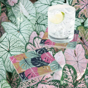 Tropische Palmblätter in Rosa & Blau   Glasuntersetzer