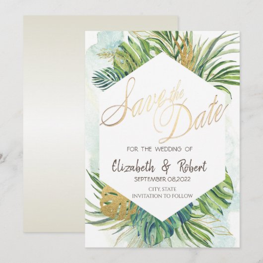 Tropische Palmblätter Sommer Hochzeitsankündigung Save The Date (Vorne/Hinten)