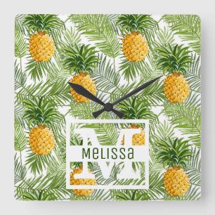 Tropische Palmblätter u. Ananas addieren Ihren Quadratische Wanduhr