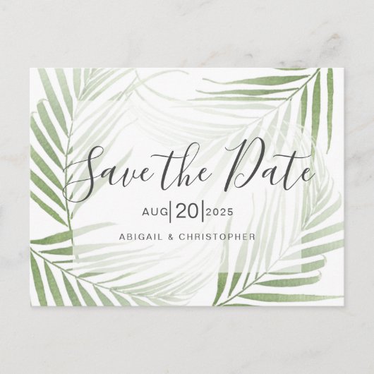 Tropische Palmblätterblätter Save the Date grün Postkarte (Vorderseite)