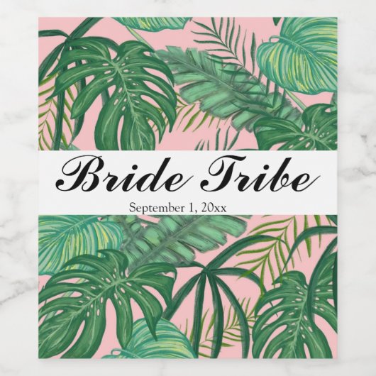 Tropische Palme Blätter Rosa Bride Tribe Party Fla Weinetikett (Einzelnes Label)