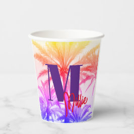 Tropische Palme im Retro-Neon der 80er Jahre Pappbecher