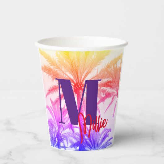 Tropische Palme im Retro-Neon der 80er Jahre Pappbecher (Vorderseite)