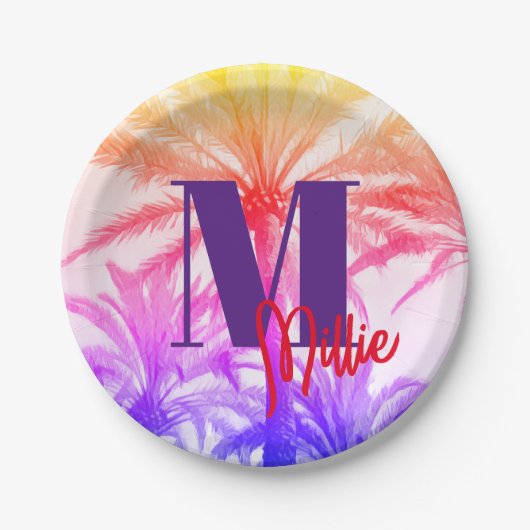 Tropische Palme im Retro-Neon der 80er Jahre Pappteller (Vorderseite)