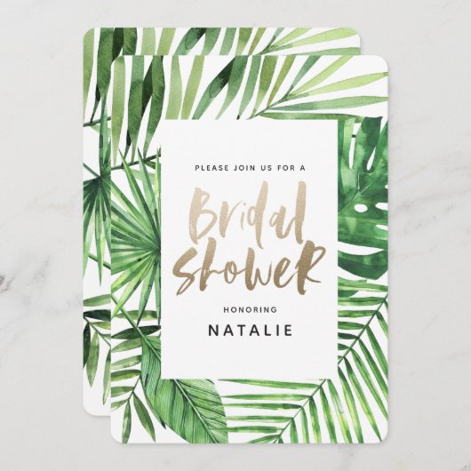 Tropische Palme und Gold-Script-Brautparty laden Save The Date (Vorne/Hinten)