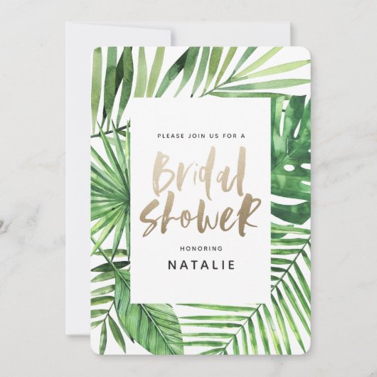 Tropische Palme und Gold-Script-Brautparty laden Save The Date (Vorderseite)