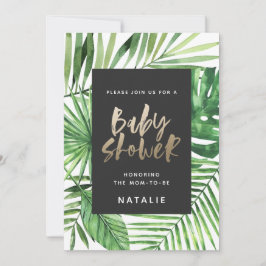 Tropische Palme und goldene Drehbuch-Babydusche la Save The Date