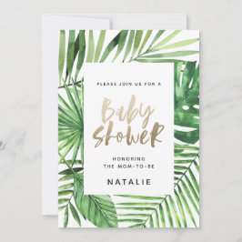 Tropische Palme und goldene Drehbuch-Babydusche la Save The Date