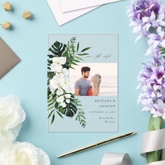 Tropische Palme und weißes, blumengeschmücktes Sav Acryleinladungen (In Situ (Hochzeit))