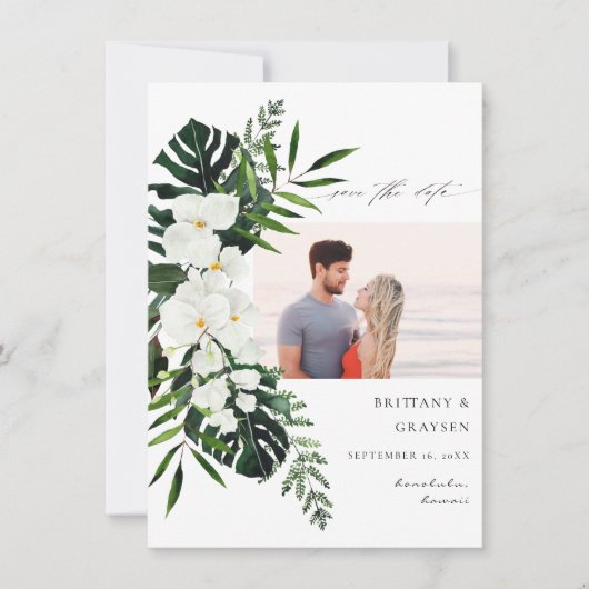 Tropische Palme und weißes, blumengeschmücktes Sav Save The Date (Vorderseite)