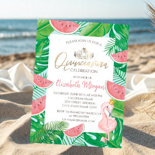Tropische Palme Wassermelone Rosa Flamingo Einladung