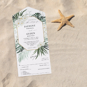 Tropische Palme & Weiße Blumige Hochzeit All In One Einladung