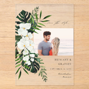 Tropische Palme & Weiße Florale Save-the-Date-Foto Acryleinladungen
