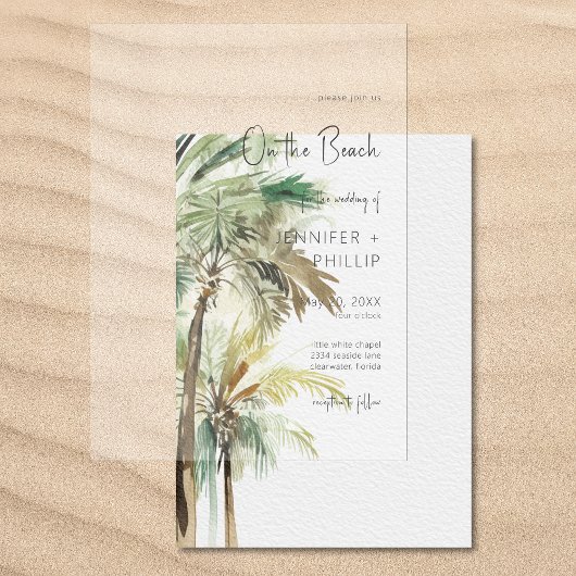 Tropische Palmen am Strand Moderne Hochzeit Pergament Einladungen
