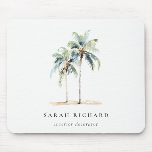Tropische Palmen an der Küste Wasserfarbe Blau Grü Mousepad (Vorne)