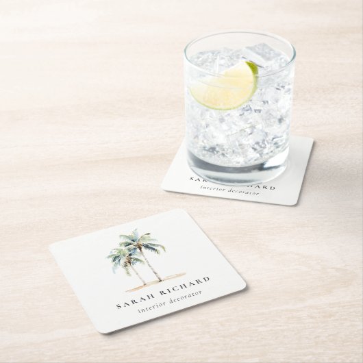 Tropische Palmen an der Küste Wasserfarbe Blau Grü Rechteckiger Pappuntersetzer (Vor Ort)