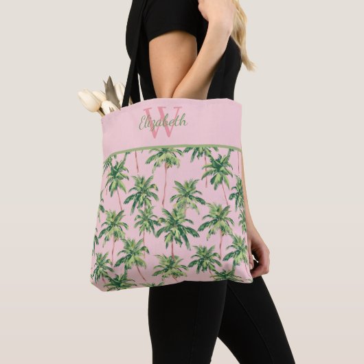 Tropische Palmen auf rosa Monogramm Tasche (Von Nahem)