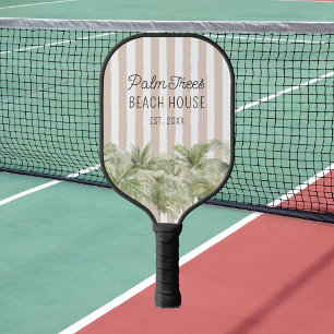 Tropische Palmen Bäume Beige Streifen Strandhaus Pickleball Schläger