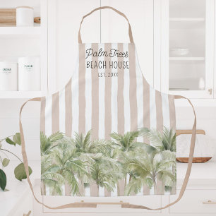 Tropische Palmen Bäume Beige Streifen Strandhaus Schürze