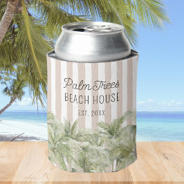 Tropische Palmen, Beige Streifen Beach House Dosenkühler