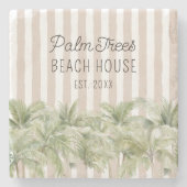 Tropische Palmen, Beige Streifen Beach House Steinuntersetzer (Vorderseite)