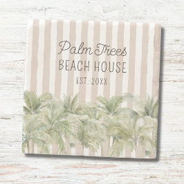 Tropische Palmen, Beige Streifen Beach House Steinuntersetzer