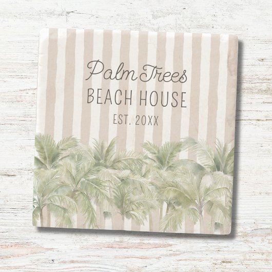 Tropische Palmen, Beige Streifen Beach House Steinuntersetzer