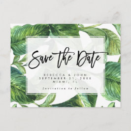 Tropische Palmen Blätter Hochzeit speichern Sie da Ankündigungspostkarte