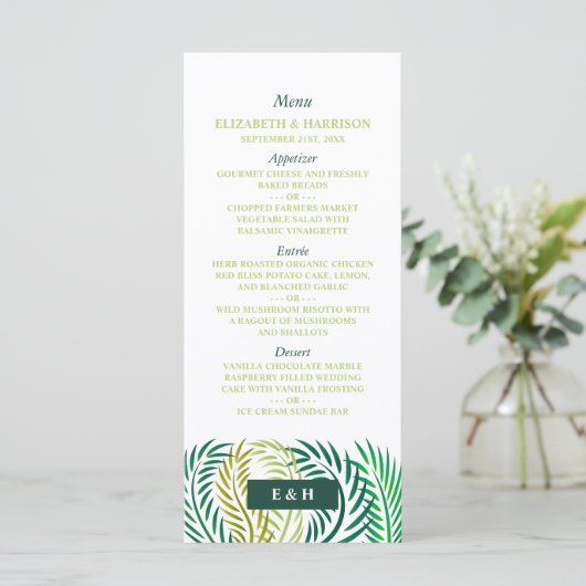 Tropische Palmen-Blätter, Hochzeiten am Strand Menükarte (Stehend Vorderseite)