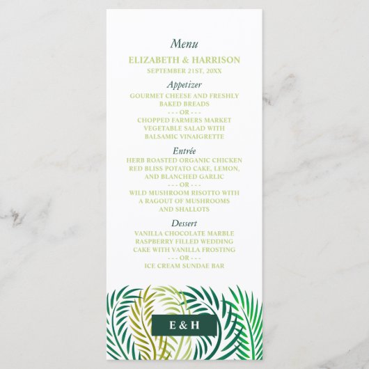Tropische Palmen-Blätter, Hochzeiten am Strand Menükarte (Vorderseite)