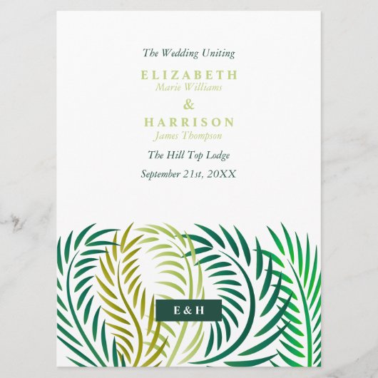 Tropische Palmen-Blätter, Hochzeiten am Strand Programm (Vorderseite)