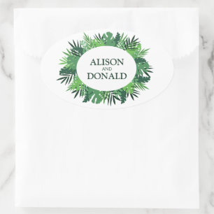 Tropische Palmen Blätter Hochzeitsnahrung Ovaler Aufkleber