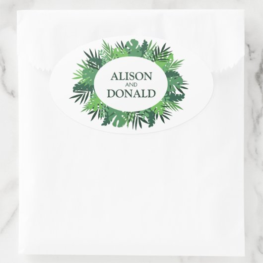 Tropische Palmen Blätter Hochzeitsnahrung Ovaler Aufkleber (Tasche)