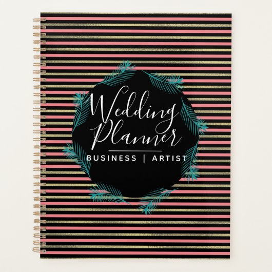 Tropische Palmen Blätter Streifenwege Hochzeit Planer (Vorderseite)