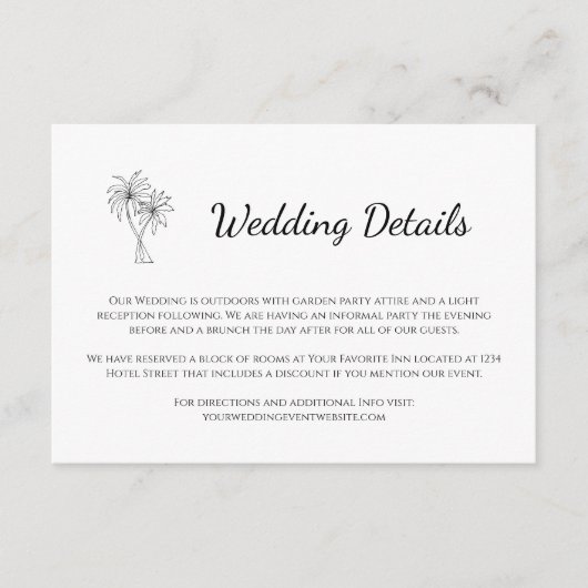 Tropische Palmen, einfache Hochzeitsdetails Begleitkarte (Vorderseite)