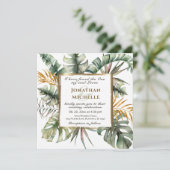 Tropische Palmen Gold Rahmen Christliche Hochzeit Einladung (Stehend Vorderseite)