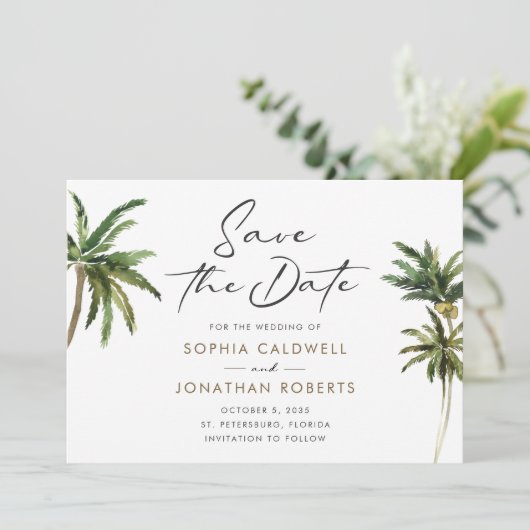 Tropische Palmen Hochzeit in Urlaubsort Save The Date (Stehend Vorderseite)