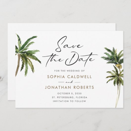 Tropische Palmen Hochzeit in Urlaubsort Save The Date (Vorne/Hinten)