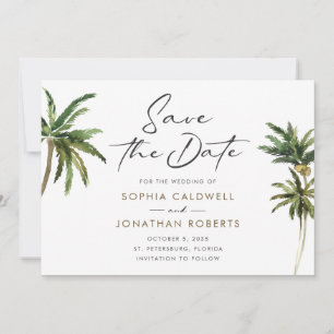 Tropische Palmen Hochzeit in Urlaubsort Save The Date