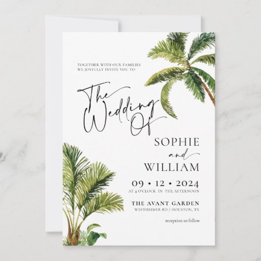 Tropische Palmen Hochzeitsfeiern Einladung (Vorderseite)