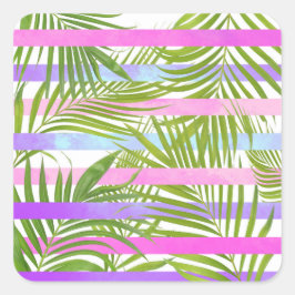 Tropische Palmen Moderne rosa violette Streifen Quadratischer Aufkleber