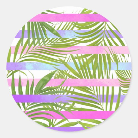 Tropische Palmen Moderne rosa violette Streifen Runder Aufkleber (Vorderseite)