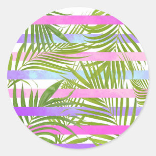 Tropische Palmen Moderne rosa violette Streifen Runder Aufkleber